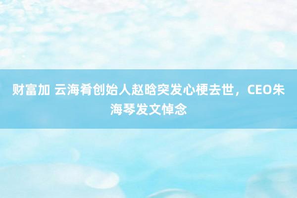 财富加 云海肴创始人赵晗突发心梗去世，CEO朱海琴发文悼念